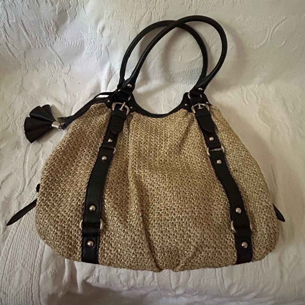 Poppie Jones Woven Straw Raffia Bag with  Black Leather Straps